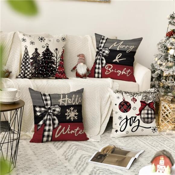 Merry Christmas Joy Xmas Trees Red Throw Pillow Covers, 18 x 18 Inch Christmas - Picture 2 of 7